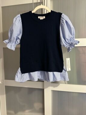 Nanette Lepore Navy Knit Vest with Light Blue Striped Puff Sleeves
